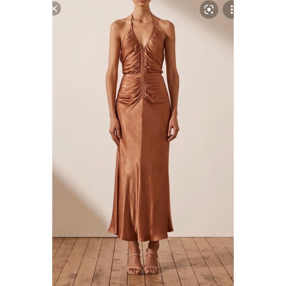 Shona Joy Gala Halter Ruched Midi in Copper